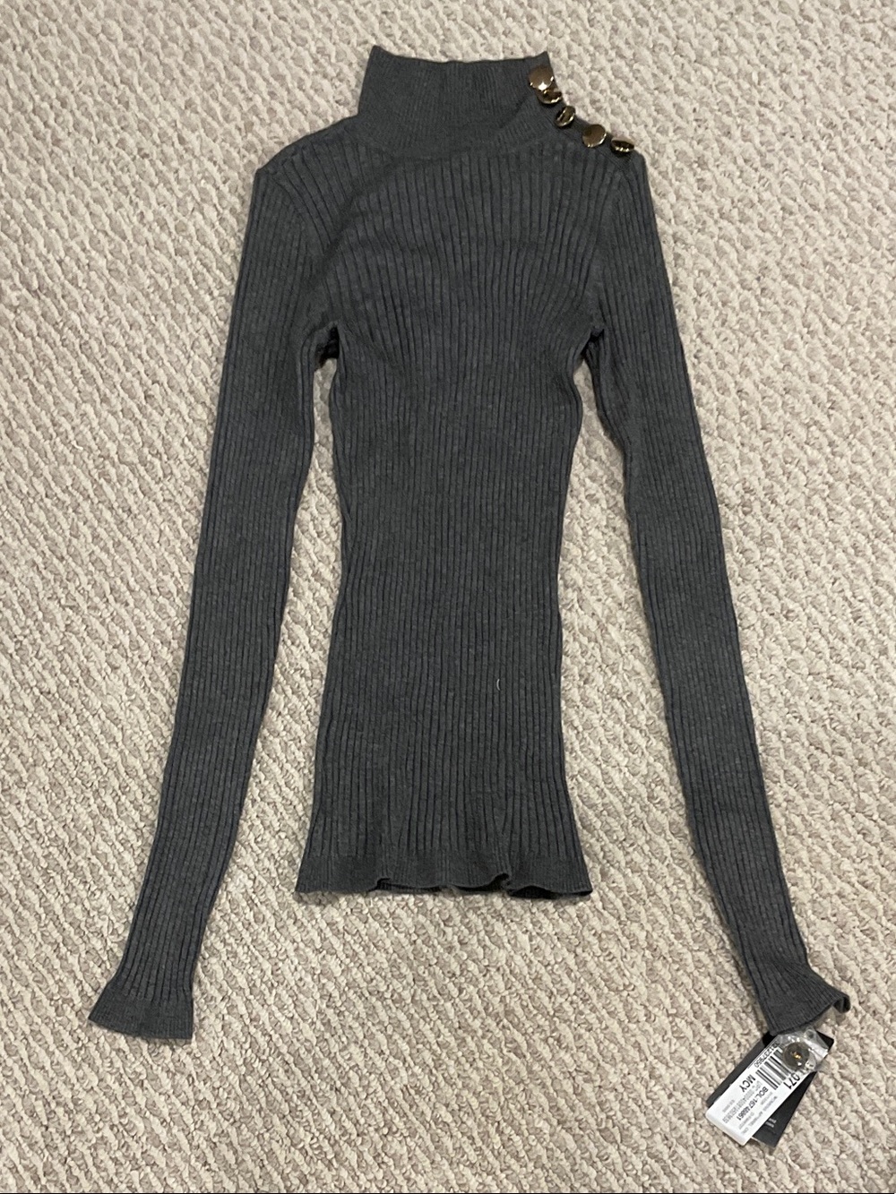 INC International Concepts Gray Ribbed Mock Neck Sweater with Gold Buttons